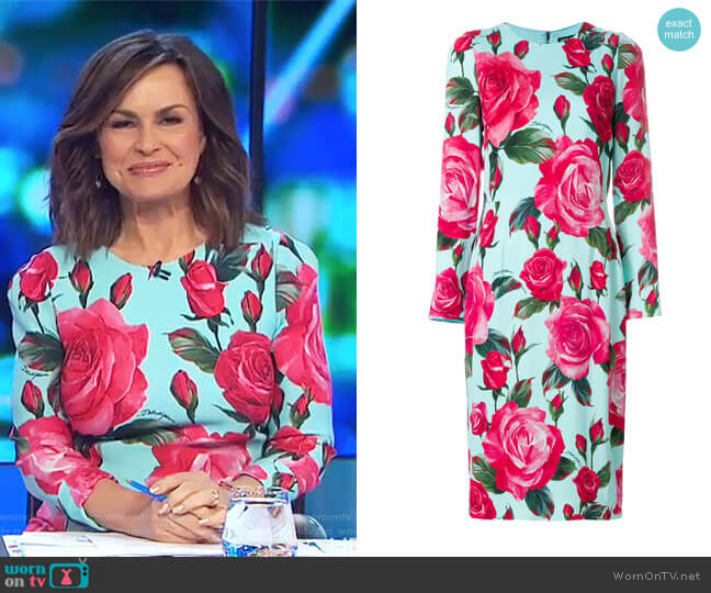 Large Rose Long Sleeved Shift Dress by Dolce & Gabbana worn by Lisa Wilkinson on The Project