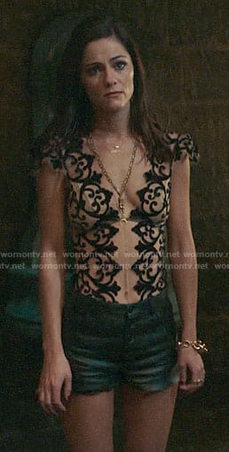 Princess Eleanor's lace bodysuit and leather shorts on The Royals
