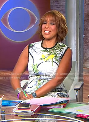 Gayle’s white floral sleeveless dress on CBS Mornings