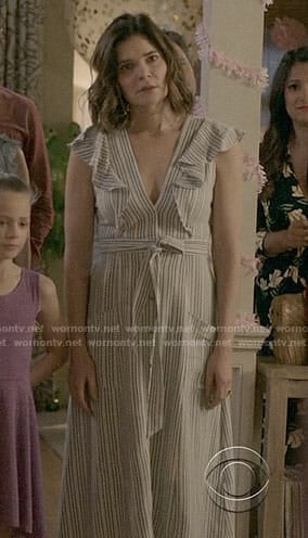 Heather's striped ruffled dress on Life in Pieces