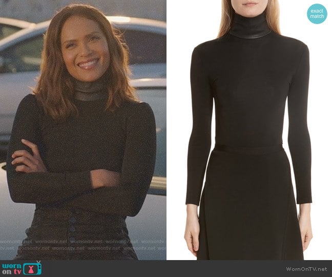 Bondage Jersey Leather Neck Top by Helmut Lang worn by Mazikeen (Lesley-Ann Brandt) on Lucifer