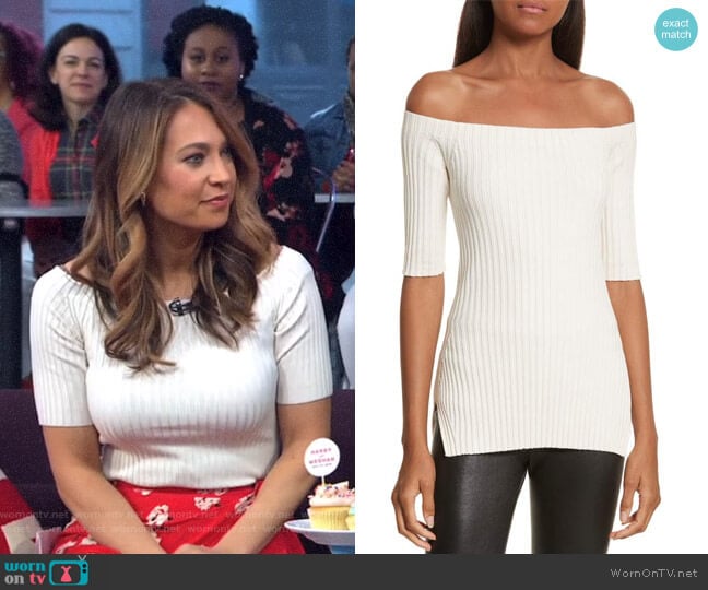 Rib Knit Stretch Silk Off the Shoulder Top by Helmut Lang worn by Ginger Zee on Good Morning America