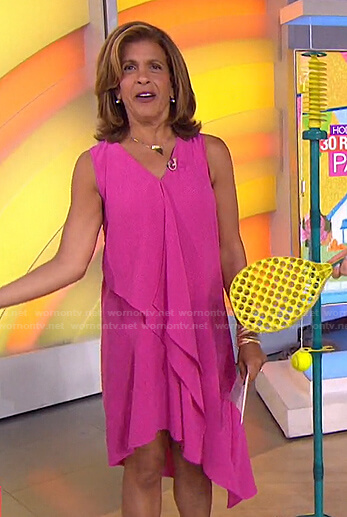 Hoda's pink ruffle front sleeveless dress on Today