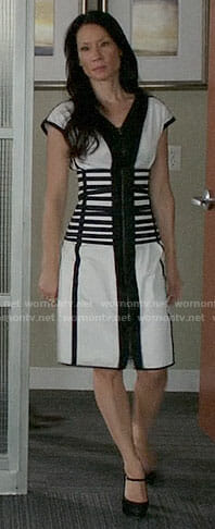 Joan’s black and white dress with striped waist on Elementary