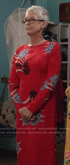 Joan's red floral midi dress on New Girl