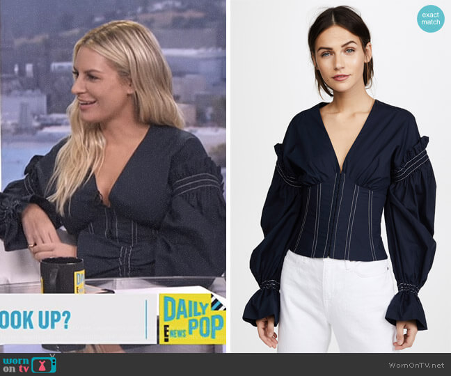 Ruched Cotton V Neck Corseted Blouse by Jonathan Simkhai worn by Morgan Stewart on E! News