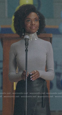 Josie's grey studded neck sweater and leather wrap skirt on Riverdale