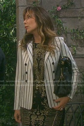 Kate’s gold embroidered dress and striped blazer on Days of our Lives