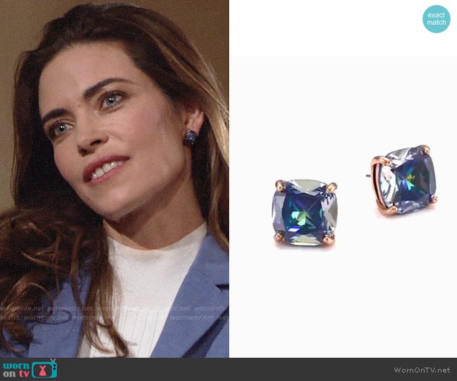 Kate Spade Enamel Small Square Stud Earrings worn by Victoria Newman (Amelia Heinle) on The Young and the Restless