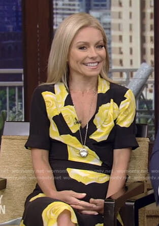 Kelly's black floral wrap dress on Live with Kelly and Ryan