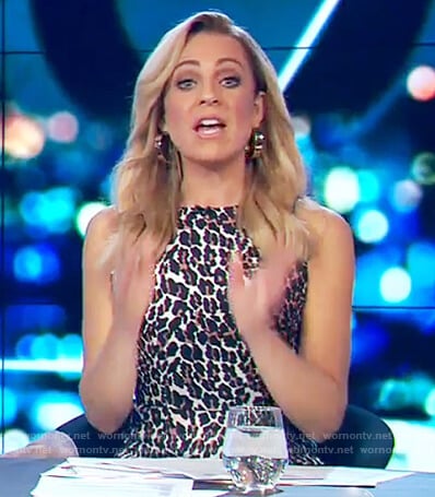 Carrie's leopard print sleeveless dress on The Project