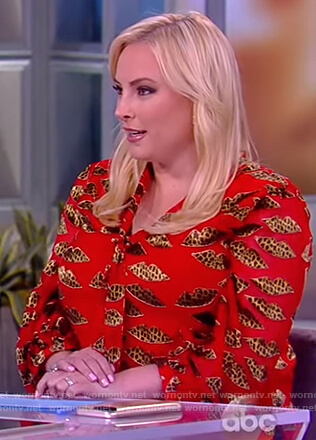 Meghan’s red printed tie neck blouse on The View