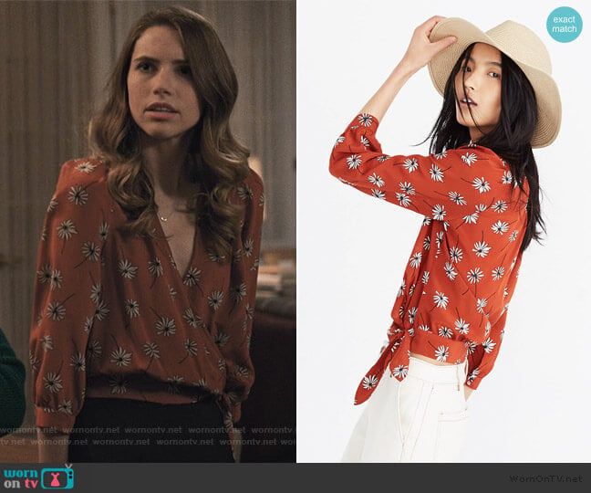 Madewell Silk Wrap Top in Fresh Daisies worn by Stephanie 'Stevie' McCord (Wallis Currie-Wood) on Madam Secretary