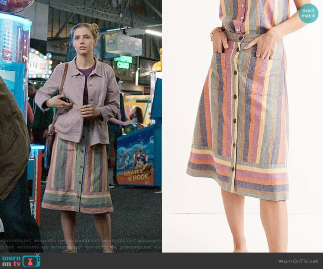 Madewell Rainbow Stripe Midi Skirt worn by Stephanie 'Stevie' McCord (Wallis Currie-Wood) on Madam Secretary