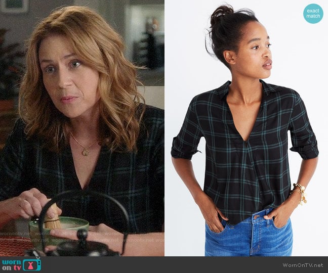 Madewell Wrap Front Shirt in Palma Plaid worn by Lena (Jenna Fischer) on Splitting Up Together