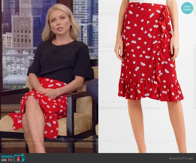 Miu Miu Ruffled Printed Crepe Wrap Skirt worn by Kelly Ripa on Live with Kelly and Mark