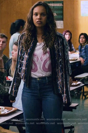 Jessica’s mixed print bomber jacket and pink flamingo top on 13 Reasons Why