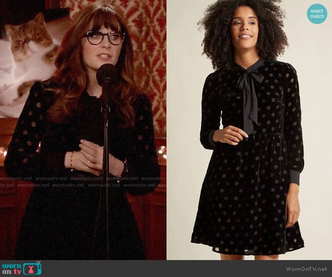 ModCloth Velvet Burnout Shirt Dress with Neck Tie worn by Jessica Day (Zooey Deschanel) on New Girl