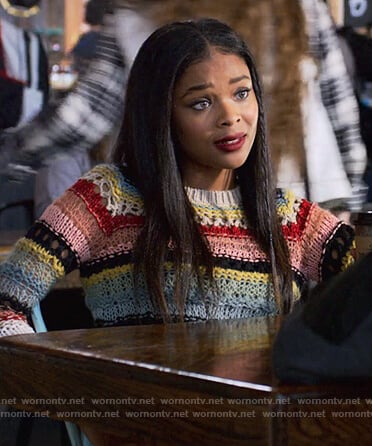 Sheri’s multicolred striped knitted sweater on 13 Reasons Why