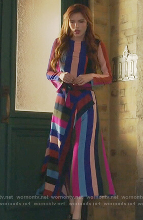 Paige's multicolored striped top and skirt on Famous in Love