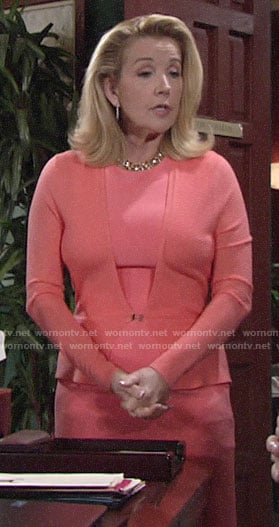 Nikki’s coral dress and peplum cardigan on The Young and the Restless