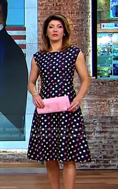 Norah's navy polka dot fit and flare dress on CBS This Morning