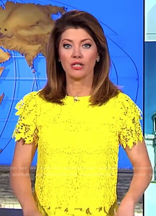 Norah’s yellow floral lace top on CBS This Morning