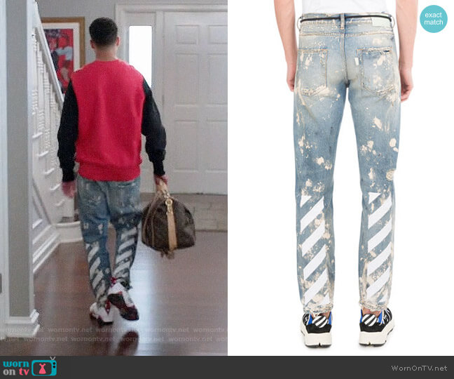 Off-White Diagonal Arrows Slim Vintage Paint Jeans worn by Andre Johnson Jr (Marcus Scribner) on Black-ish