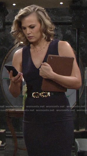 Phyllis’s navy v-neck dress on The Young and the Restless