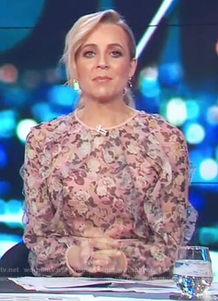 Carrie's pink floral print long sleeve dress on The Project