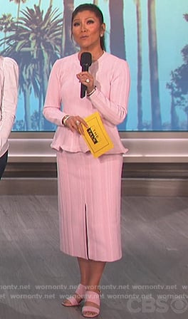 Julie’s pink ribbed peplum sweater and midi skirt on The Talk