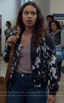 Jessica's printed bomber jacket on 13 Reasons Why