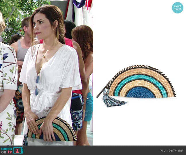 Rebecca Minkoff Woven Straw Taco Clutch worn by Victoria Newman (Amelia Heinle) on The Young and the Restless