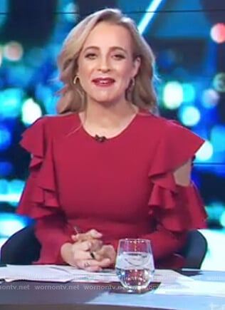 Carrie’s red ruffle cold shoulder dress on The Project