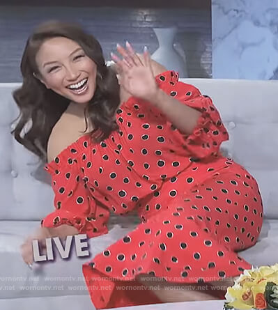 Jeannie’s red dot print off shoulder dress on The Real