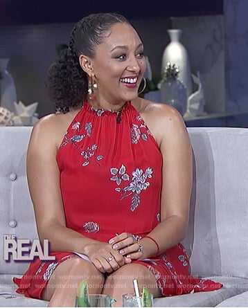 Tamera's red floral print halter neck dress on The Real