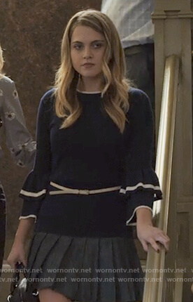 Chloe’s navy ribbed bell sleeve sweater on 13 Reasons Why