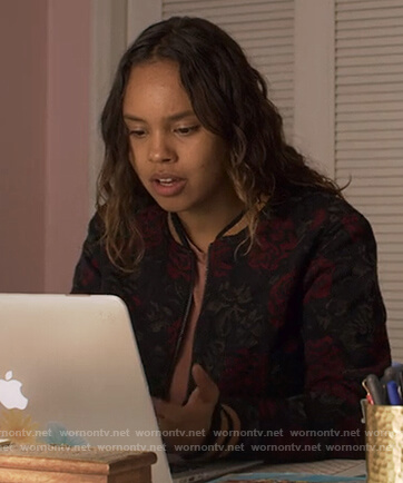 Jessica's rose print bomber jacket on 13 Reasons Why