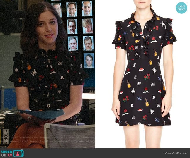 Sandro Ruffle Trim Tattoo Print Silk Dress worn by Cable McCrory (Annabelle Attanasio) on Bull