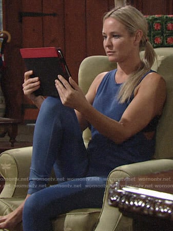 Sharon's blue yoga tank and leggings on The Young and the Restless