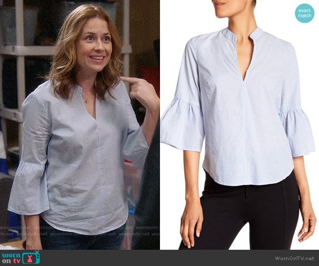 Splendid Pinstripe Bell Sleeve Blouse worn by Lena (Jenna Fischer) on Splitting Up Together