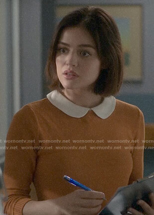 Stella’s mustard collared sweater on Life Sentence