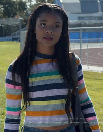 Sheri's multicolored striped sweater on 13 Reasons Why