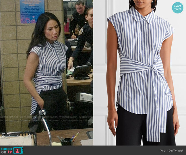 T by Alexander Wang Tie-front Striped Shirt worn by Joan Watson (Lucy Liu) on Elementary