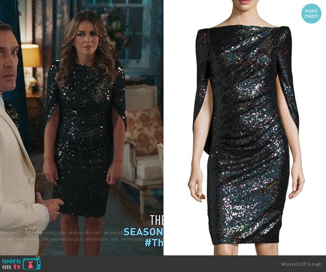 Talbot Runhof Konica Sequined Cape-Back Cocktail Dress worn by Queen Helena (Elizabeth Hurley) on The Royals