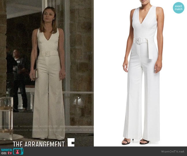 Theory Belted V-Neck Wide-Leg Wool-Blend Jumpsuit worn by Megan Morrison (Christine Evangelista) on The Arrangement