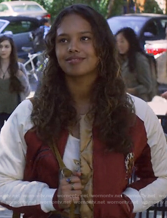 Jessica’s red tiger embroidered bomber jacket on 13 Reasons Why