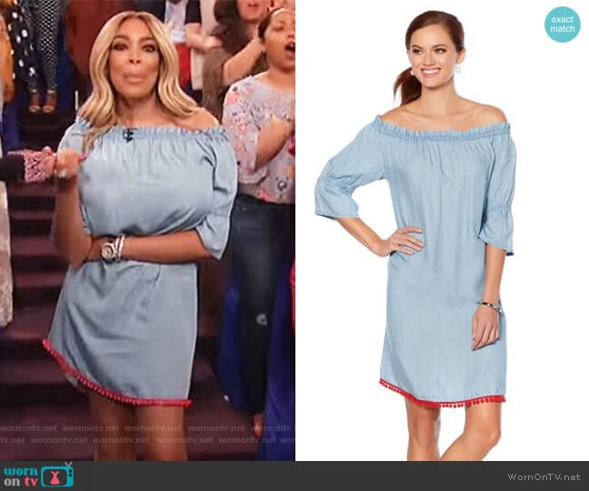 Off-the-Shoulder Pom Pom Dress by Wendy Williams worn by Wendy Williams on The Wendy Williams Show