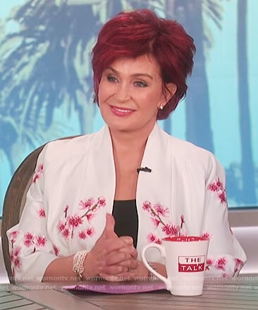 Sharon’s white embroidered blossom coat on The Talk