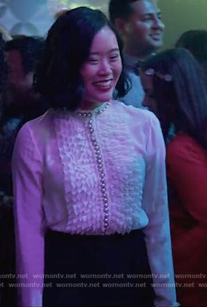 Courtney's white pearl embellished blouse on 13 Reasons Why